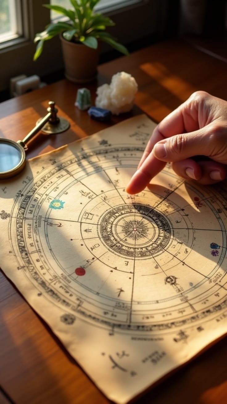 Astrologer pointing to a birth chart during a reading