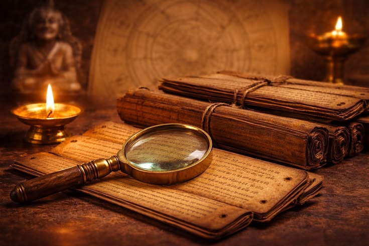 Palm-leaf manuscripts with a diya, evoking Vaitheeswaran Koil
